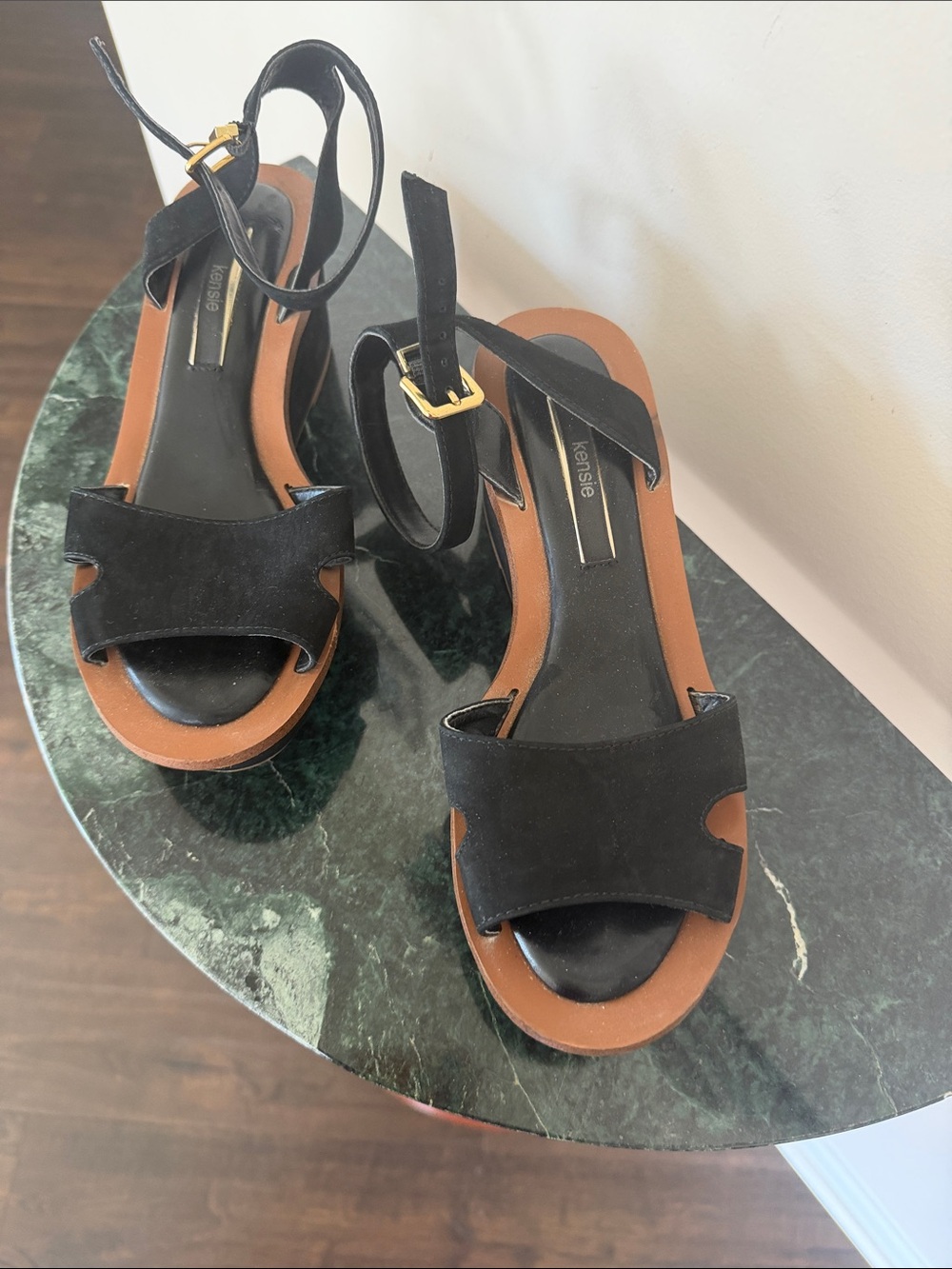 Kensie Black Suede Ankle-Strap Sandals with Tan Footbed